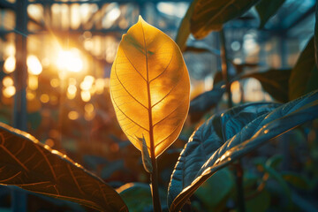 Bioengineered Plant, glowing leaves, revolutionizing agriculture, in a high-tech greenhouse, artificial sunlight, Photography, Golden Hour 