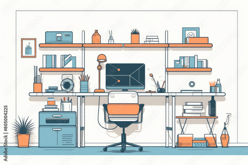 Poster a functional desk with a computer screen on top showcasing a workspace set up for productivity