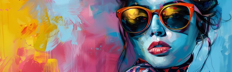 A painting of  women with colorful sunglasses. Fashion Forward Sunglasses Portrait of Women