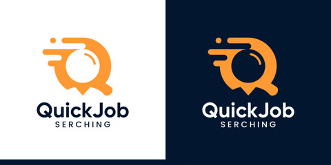 Quick job logo design. People recruitment logo with fast and magnifying glass. Find job logo design graphic symbol icon vector.