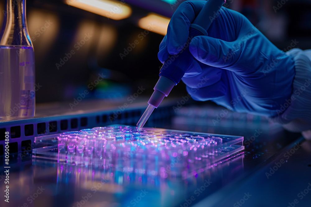Poster biotechnologist using a pipette to add a solution to microfluidic chips for disease diagnostics