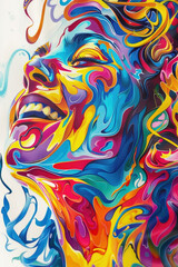 A painting displaying a womans face adorned with vibrant and colorful paint, adding a unique and artistic touch to the portrait