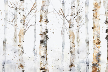 Birch trees in watercolor, serene and stark, white backdrop 