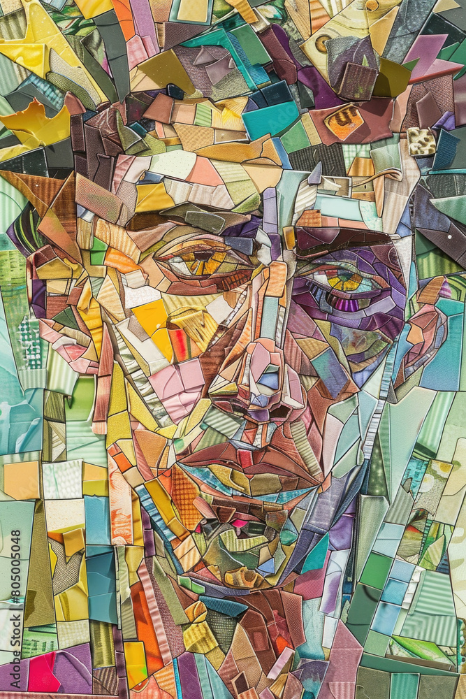 Poster a portrait of a mans face created using a variety of vibrant colored squares arranged in a mosaic-li