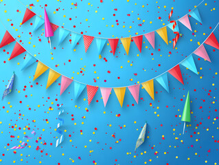 Colorful party flags and confetti on blue background. celebrations and parties. Vector illustration banner surprise.