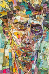 A portrait of a mans face created using a variety of vibrant colored squares arranged in a mosaic-like pattern