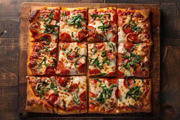 Birds eye view of a pizza cut into squares unconventional and playful  
