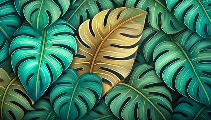 Monstera leaves background, modern watercolor illustration, spring summer tropical concept wallpaper