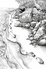 Fototapeta premium A detailed black and white illustration of a beach, featuring waves crashing on the shore, seagulls flying overhead, and a distant lighthouse