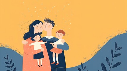Happy family. Father, mother and children in winter clothes. Cartoon illustration.