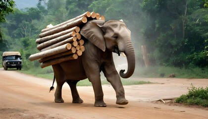 An Elephant Carrying Logs With Its Trunk