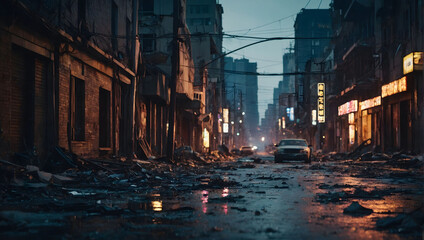 Desolate streets of a devastated cityscape, evoking an apocalyptic vision fit for a disaster film poster.