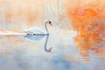 A painting showing a swan gracefully swimming in a serene lake, surrounded by reflections of the sky on the waters surface