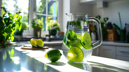 Water filter jug and lime on counter in kitchen