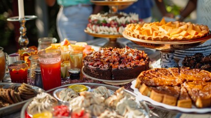 Fototapeta premium A close-up of a table overflowing with traditional Juneteenth dishes like barbeque, red velvet cake, and sweet potato pie