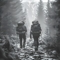 Two Hikers Trekking Through Rugged Forested Trail in Moody Black and White