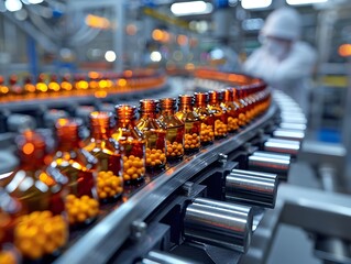 Obraz premium Automated Pharmaceutical Production Line with Scientist Examining Medical Vials