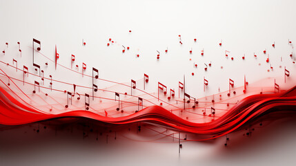 Musical wave background with shiny musical notes over red color background. Paper art.