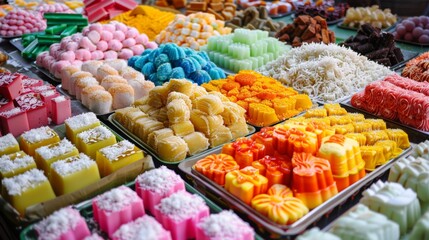 Fototapeta premium A colorful display of traditional Malay kuih (desserts) in various shapes and sizes, with vibrant colors and coconut gratings sprinkled on top