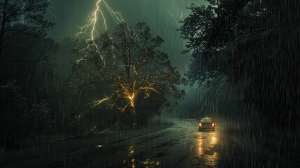 A  lightning striking a tree near a car traveling on a dark, rain-soaked road 