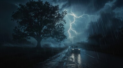 Fototapeta premium A lightning striking a tree near a car traveling on a dark, rain-soaked road 