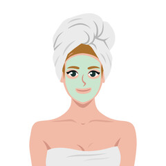 Applying a cosmetic mask on a face with problem skin. Beautiful young woman with towel on her head. Flat vector illustration isolated on white background