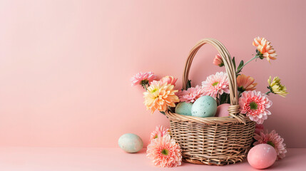 Fototapeta na wymiar Wicker basket with chrysanthemum flowers and painted 