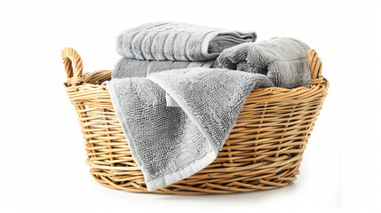 Wicker basket with folded clean towels on white background