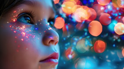 A toddler gazes up at the Christmas tree, her nose and cheeks rosy with excitement. The twinkle of lights reflects in her happy eyes and lashes AIG50