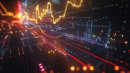 Virtual stock market lines and financial charts over dark background. Digital screen. Concept of finance advisory and international consulting