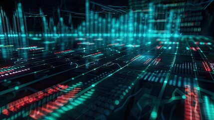 Obraz premium Virtual stock market lines and financial charts over dark background. Digital screen. Concept of finance advisory and international consulting