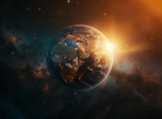 The background image features the Earth with the sun rising in the center, set against a backdrop of stars in a cinematic style. The Earth is depicted with vivid colors and dynamic lighting