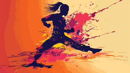 Silhouette color woman martial arts kick Vector illustration