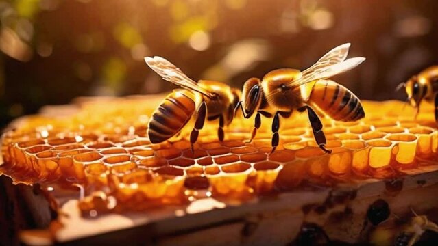 Overhead footage, detailed video of a buzzing bee hive, bees entering and leaving honeycomb filled with golden honey.