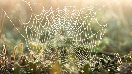 Morning meadow, dew-laden spider web shines against soft green.