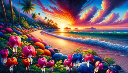 Watercolor painting of Bleeding Heart flowers on a beach at sunset