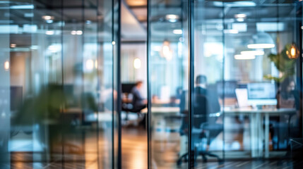Bright business workplace with people in walking in blurred motion in modern office space