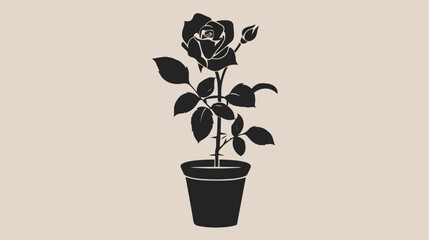 Silhouette flowered rose with leaves and stem in flower