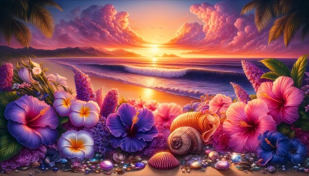 Watercolor painting of Hibiscus and Plumer flowers on a beach at sunset