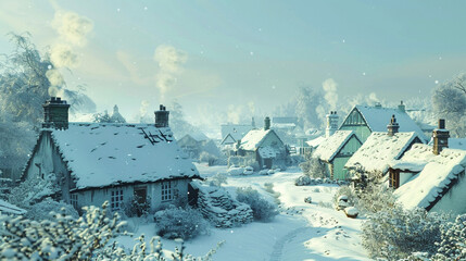 Winter village morning, cottages under snow, smoke from chimneys.