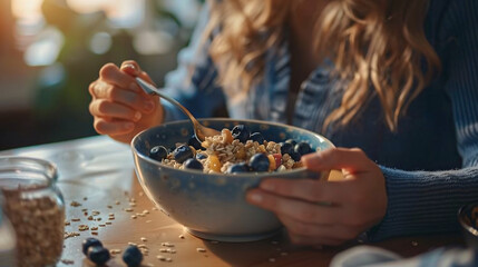 Woman eating tasty oatmeal with blueberry in bowl on t