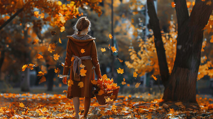 Woman gathering autumn leaves outdoors