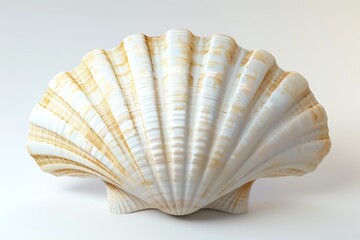 3D render of a scallop shell, pristine white background, detailed texture showcasing its ridged surface, soft lighting to highlight the subtle color gradients