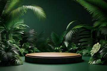 Obraz premium . Tropical foliage frames an empty stage, creating a serene and natural backdrop.