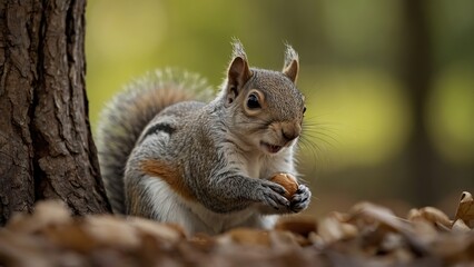 Fototapeta premium A squirrel conceals a nut.,,A GREEN BACKGROUND 