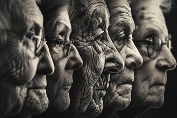 Close-Up Profiles of Elderly People with Glasses in Monochrome