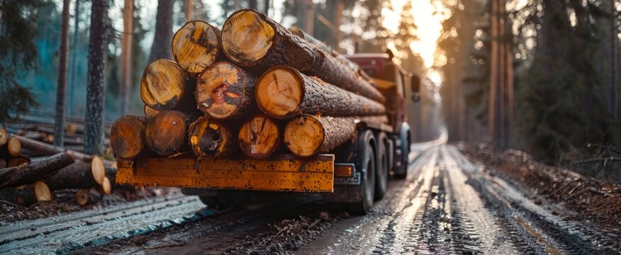 A loaded timber truck stands as a testament to ambitious logging and its consequential timber exports in the forested region.