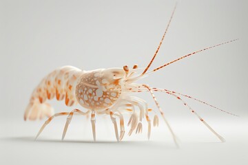 Amano shrimp, 3D rendering, minimalist white backdrop, detailed texturing of body and antennae, soft diffuse lighting for a natural look