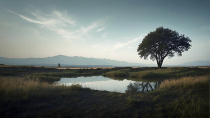 Somber Solitary Tree Lake Plains with Distant Mountains.
