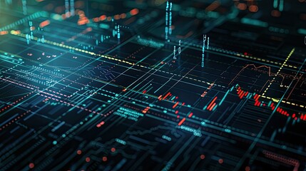 Virtual stock market lines and financial charts over dark background. Digital screen. Concept of finance advisory and international consulting